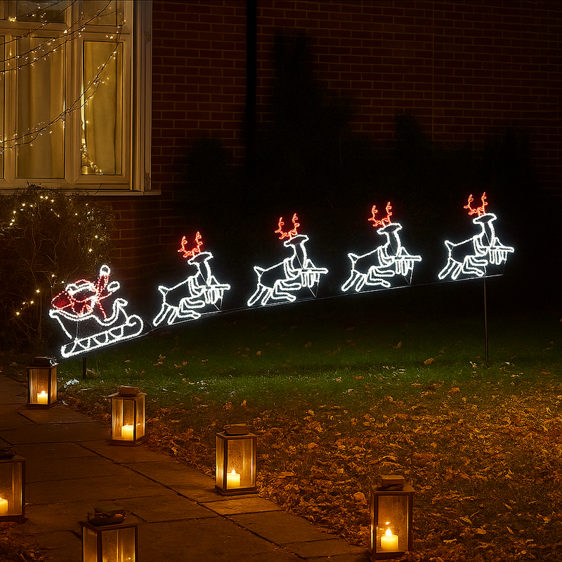 Flying Santa with 4 reindeer silhouette light – 560x80cm LED display in warm white for outdoor Christmas decoration