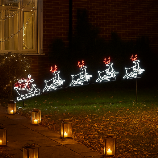 Flying Santa with 4 reindeer silhouette light – 560x80cm LED display in warm white for outdoor Christmas decoration