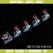Flying Santa with 4 reindeer silhouette light – 560x80cm LED display in warm white for outdoor Christmas decoration