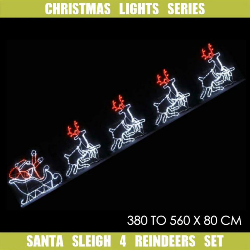 Flying Santa with 4 reindeer silhouette light – 560x80cm LED display in warm white for outdoor Christmas decoration