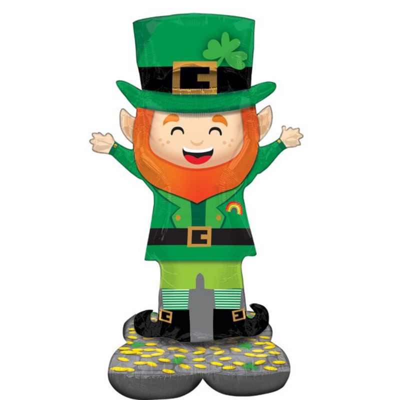 Air-filled AirLoonz Lucky Leprechaun foil balloon display standing upright on a base, approx. 78cm wide x 134cm tall