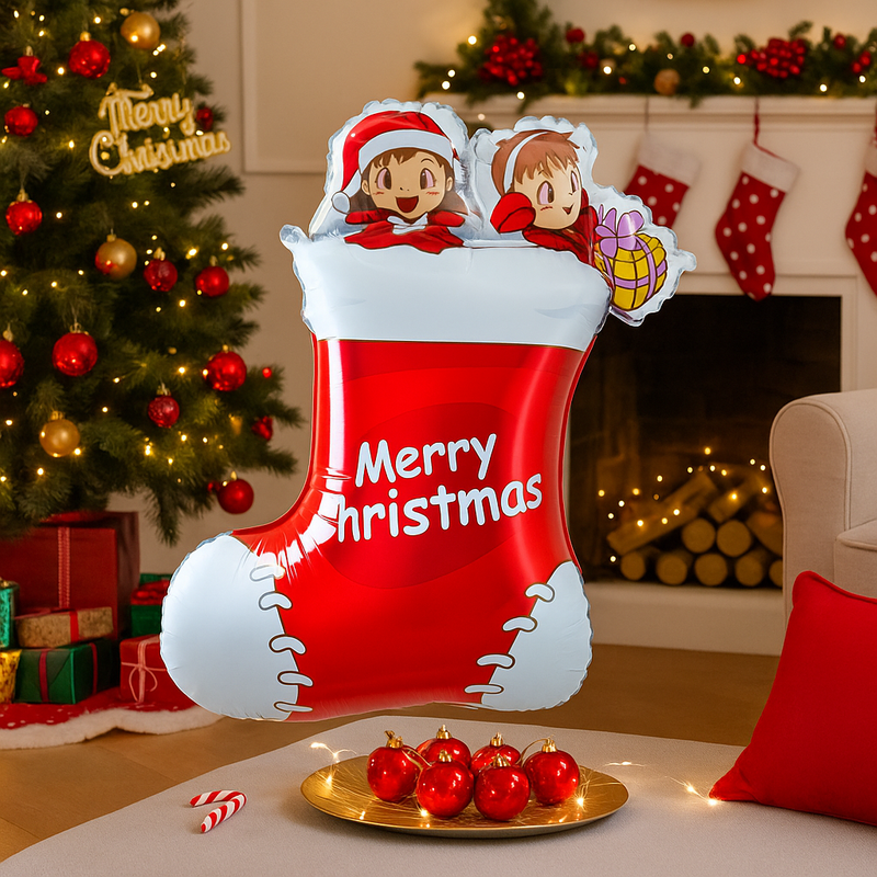 56.5x86cm Merry Christmas Socks Foil Balloon in festive red and green colors, perfect for holiday party decoration.