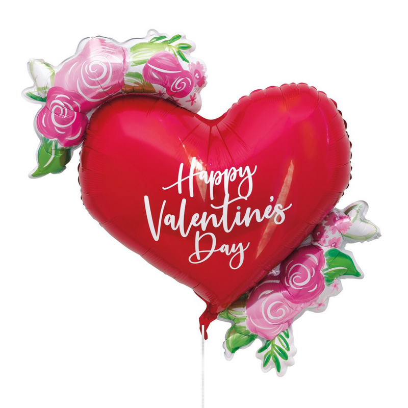 Ronis Foil Balloon With Ribbon Flowerly Happy Valentines Day Heart