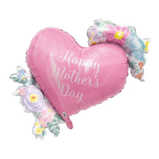 Ronis Foil Balloon With Ribbon Inflated Flowerly Happy Mothers Day Jumbo Heart