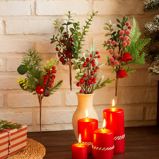 32cm Assorted Christmas Foliage Berry Pick with Bell – Festive Decoration Accent