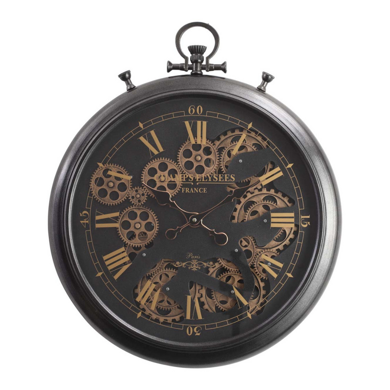 French-style black wall clock with exposed gears and Roman numerals, 62cm