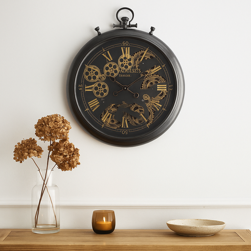 French-style black wall clock with exposed gears and Roman numerals, 62cm
