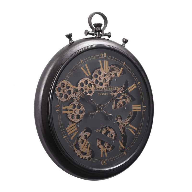 French-style black wall clock with exposed gears and Roman numerals, 62cm