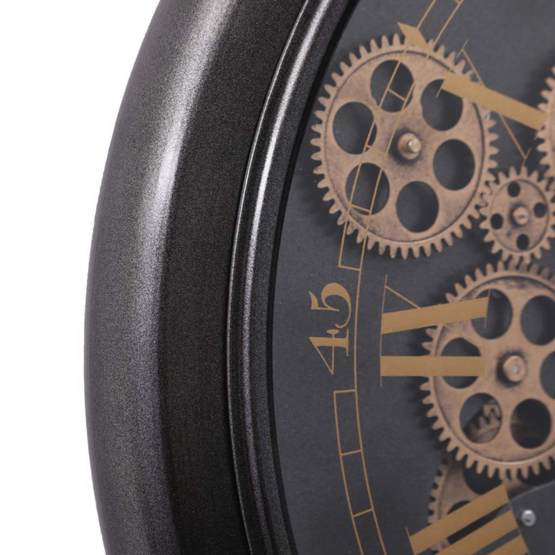 French-style black wall clock with exposed gears and Roman numerals, 62cm