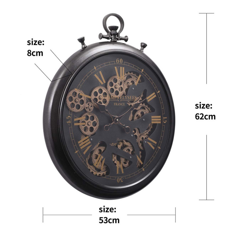 French-style black wall clock with exposed gears and Roman numerals, 62cm