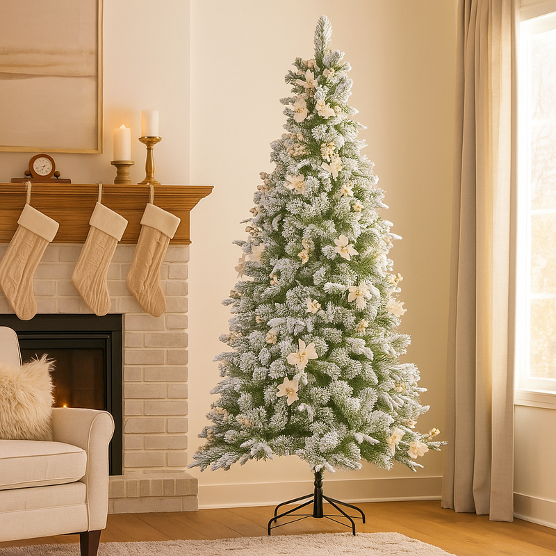  7.5ft Frosted Colonial Slim Christmas Tree – a snow-flocked, space-saving artificial tree with a realistic frosty finish. 