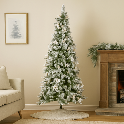 Frosted Colonial Slim Christmas Tree 229cm tall with snow-covered branches, perfect for small spaces and elegant holiday décor.