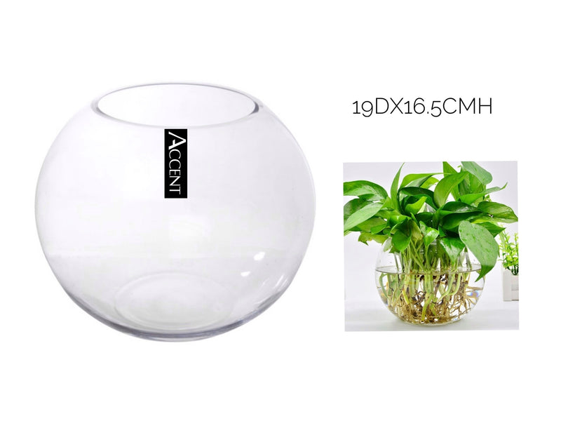 Small clear glass fish bowl vessel, 19 cm diameter x 16.5 cm high
