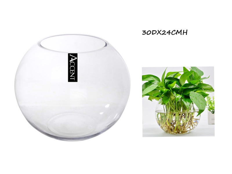 Clear glass fish bowl vessel, 30 cm diameter x 24 cm high