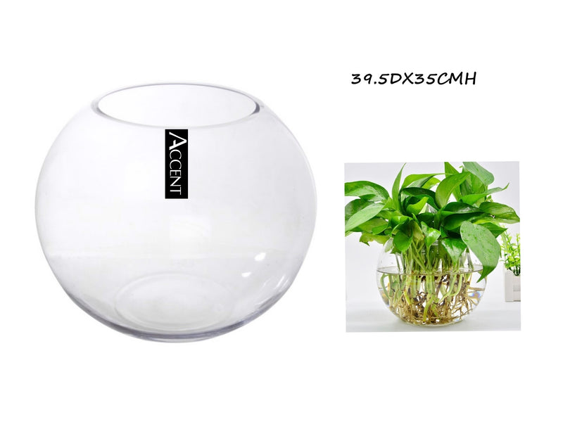 Large clear glass fish bowl vessel, 39.5 cm diameter x 35 cm high