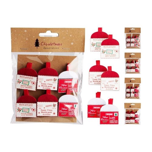 Set of six wooden envelope gift tags with clips