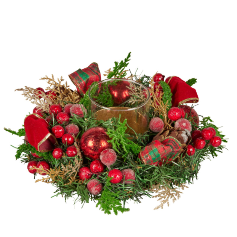 Ronis Centrepiece with Hurricane Glass Berries & Baubles 26cmW