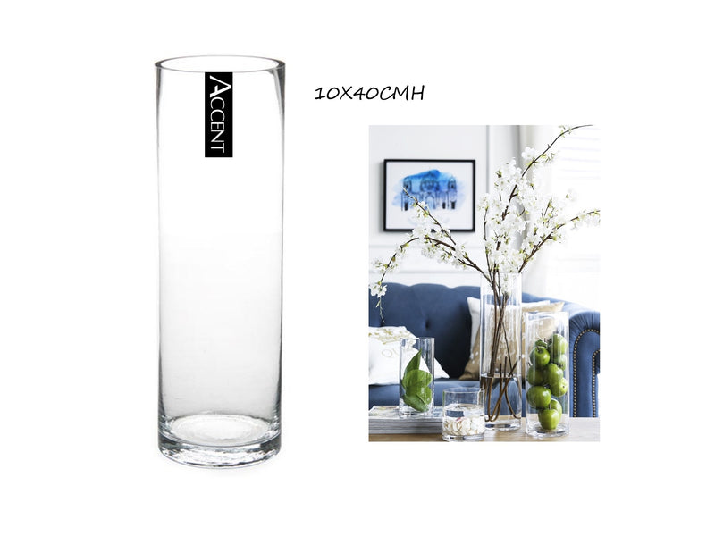 Extra slim clear glass cylinder vessel, 10 x 40 cm, round