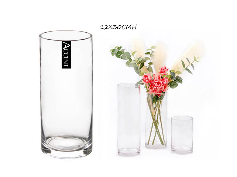 Clear glass cylinder vessel, 12 x 30 cm, round