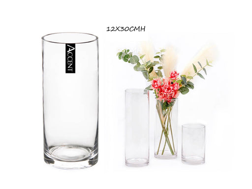 Clear glass cylinder vessel, 12 x 30 cm, round