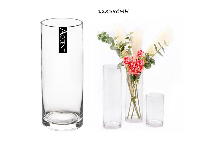 Slim clear glass cylinder vessel, 12 x 35 cm, round