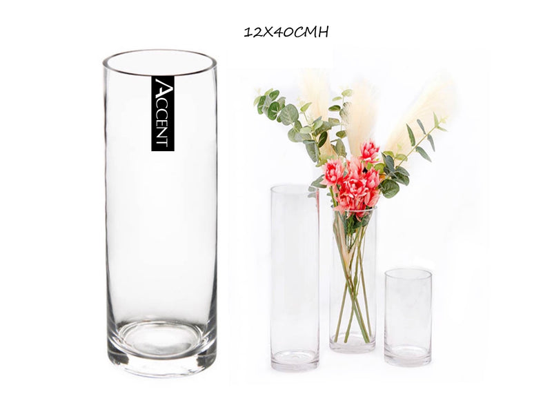 Narrow clear glass cylinder vessel, 12 x 40 cm, round