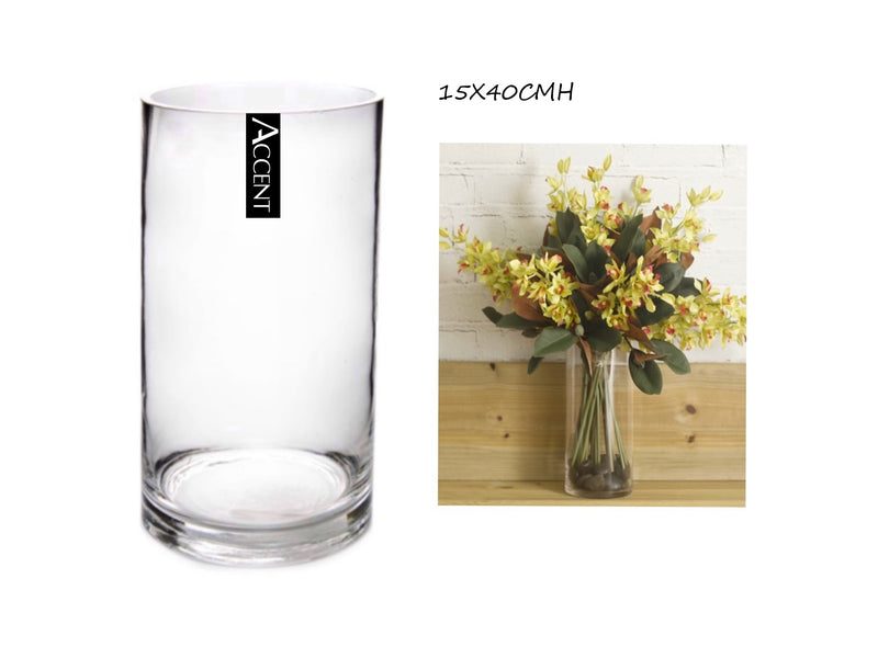 Slim clear glass cylinder vessel, 15 x 40 cm, round