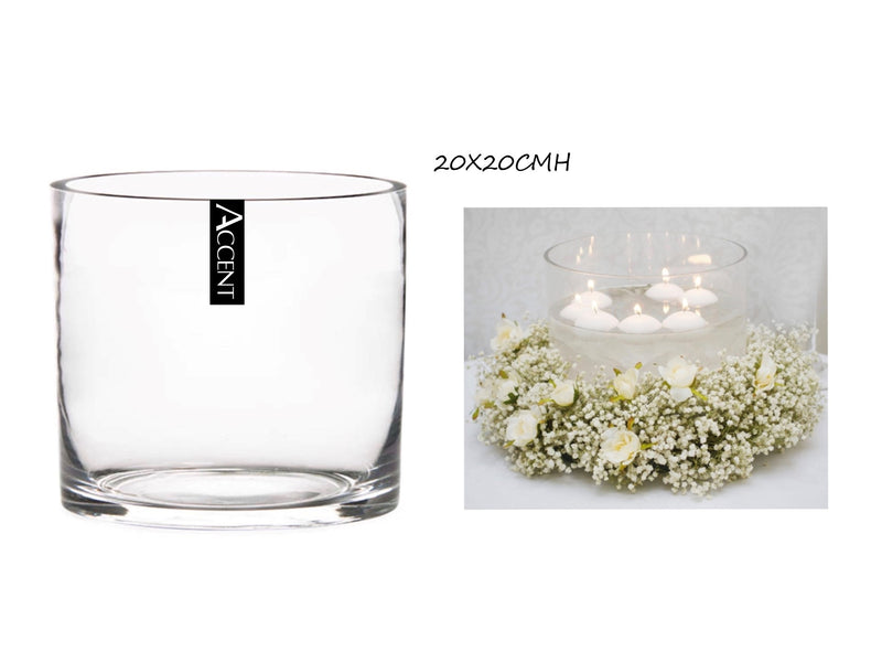 Clear glass cylinder vessel, 20 x 20 cm, round