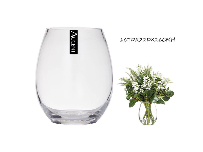 Medium clear glass barrel vessel, 16 cm top diameter x 22 cm diameter x 26 cm high