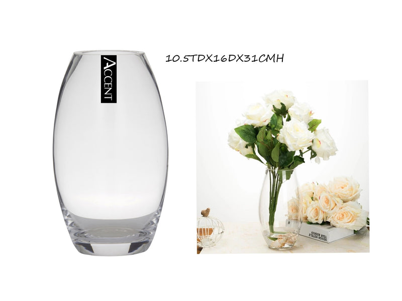 Clear glass round belly vessel, 10.5 cm top diameter x 16 cm diameter x 31 cm high