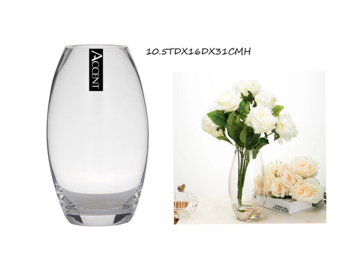 Clear glass round belly vessel, 10.5 cm top diameter x 16 cm diameter x 31 cm high