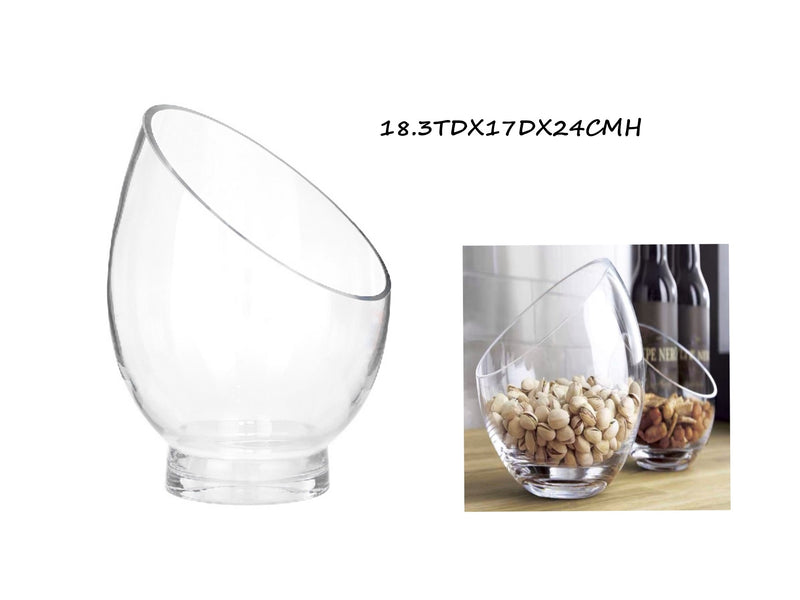 Clear glass angle top vessel, 18.3 cm top diameter x 17 cm diameter x 24 cm high