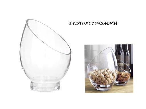 Clear glass angle top vessel, 18.3 cm top diameter x 17 cm diameter x 24 cm high