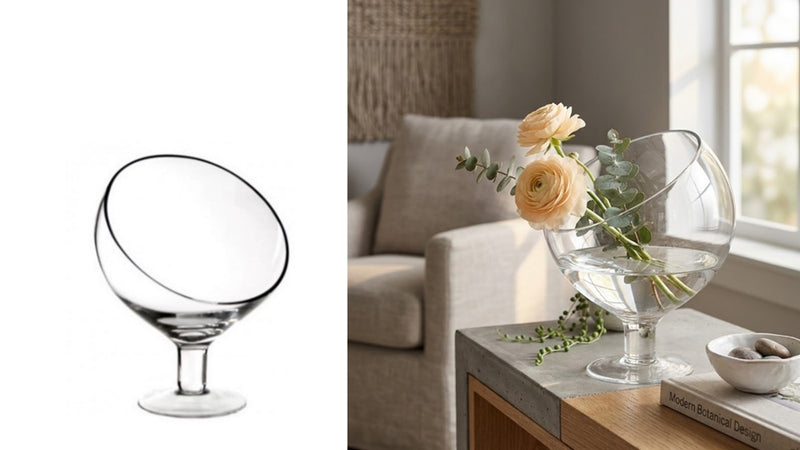Clear glass round slanted top vessel, 16.7 cm top diameter x 17.2 cm diameter x 17 cm high