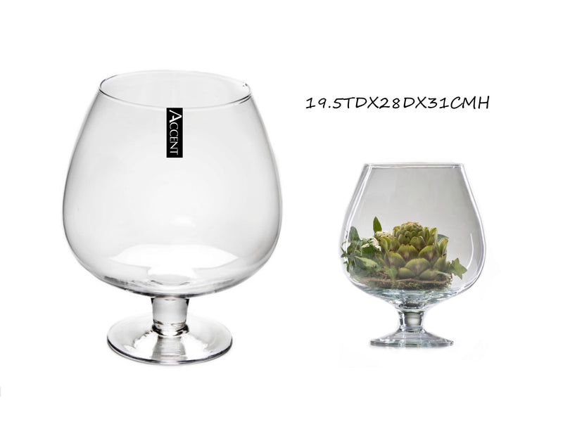 Clear glass brandy balloon vessel, 19.5 cm top diameter x 28 cm diameter x 31 cm high