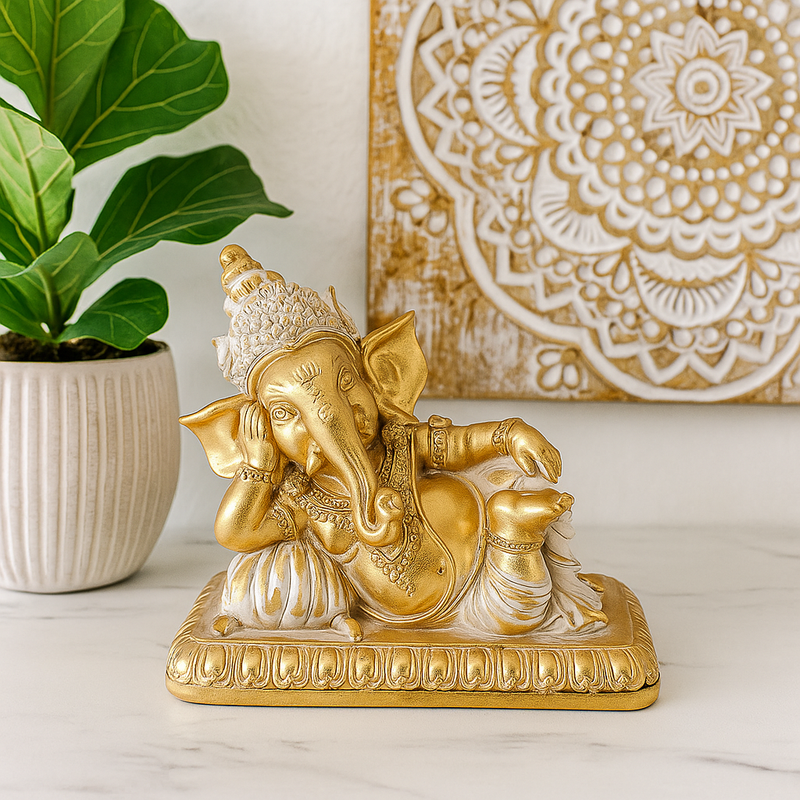 Ganesh in Gold Finish Laying 17cm decorative statue