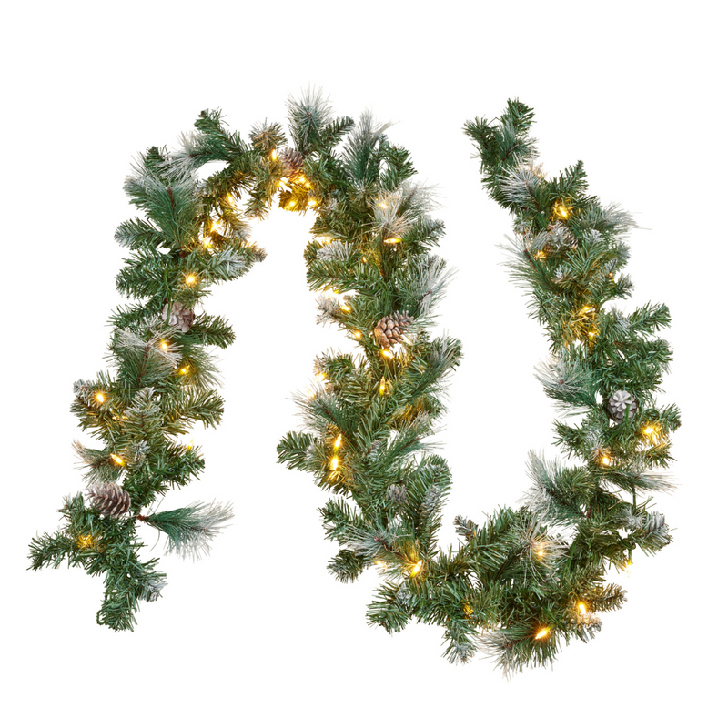 274cm Bayville Pine garland with warm white battery-operated LED lights for Christmas stair or mantel decoration