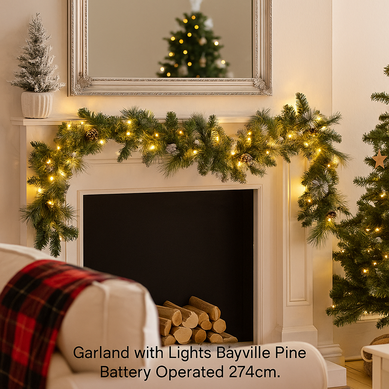 274cm Bayville Pine garland with warm white battery-operated LED lights for Christmas stair or mantel decoration