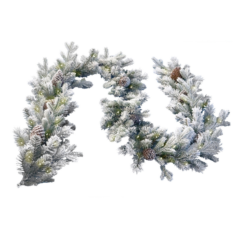 Snowy Dorchester Christmas Garland 274cm with twinkle warm white LED lights and frosted snowy finish, perfect for mantel and staircase décor.