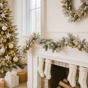 Snowy Dorchester Christmas Garland 274cm with twinkle warm white LED lights and frosted snowy finish, perfect for mantel and staircase décor.