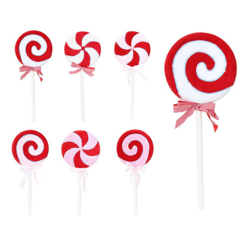 Oversized velvet candycane lollipop in red and white with a swirl design, ideal for Christmas-themed décor or statement displays.