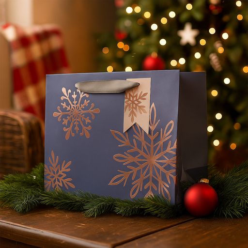 Large landscape gift bag with sparkling snowflake design and ribbon handles – 32x12.7x26cm