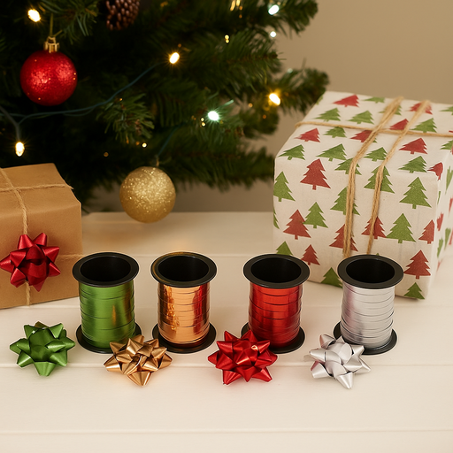 4-pack assorted 5cm gift bows with matching 5mm x 10m curling ribbon rolls