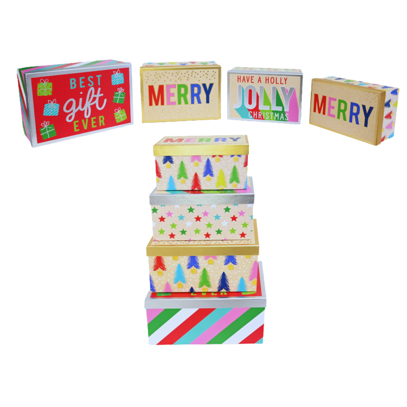 Set of 4 retro carnival-style Christmas gift boxes with foil finish