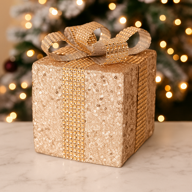 Champagne gift box-shaped Christmas tree ornament with glitter, 8x10cm