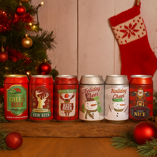 Assorted beer can-style Christmas gift card holders with festive designs