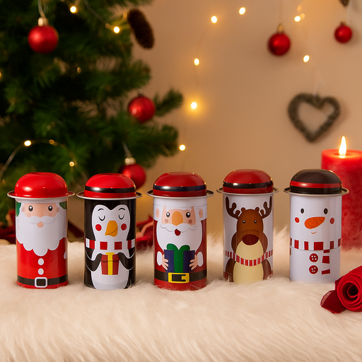 Mini 11cm gift cylinder tins with assorted festive Christmas designs