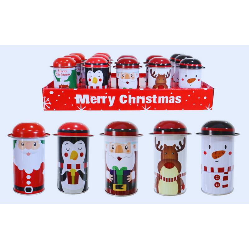 Mini 11cm gift cylinder tins with assorted festive Christmas designs