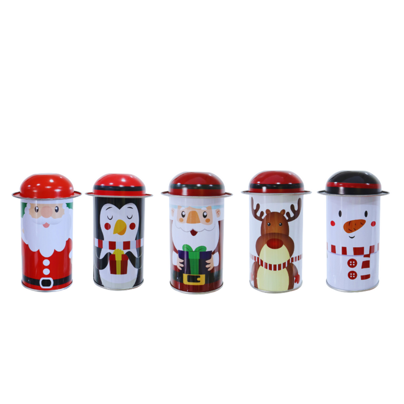 Mini 11cm gift cylinder tins with assorted festive Christmas designs