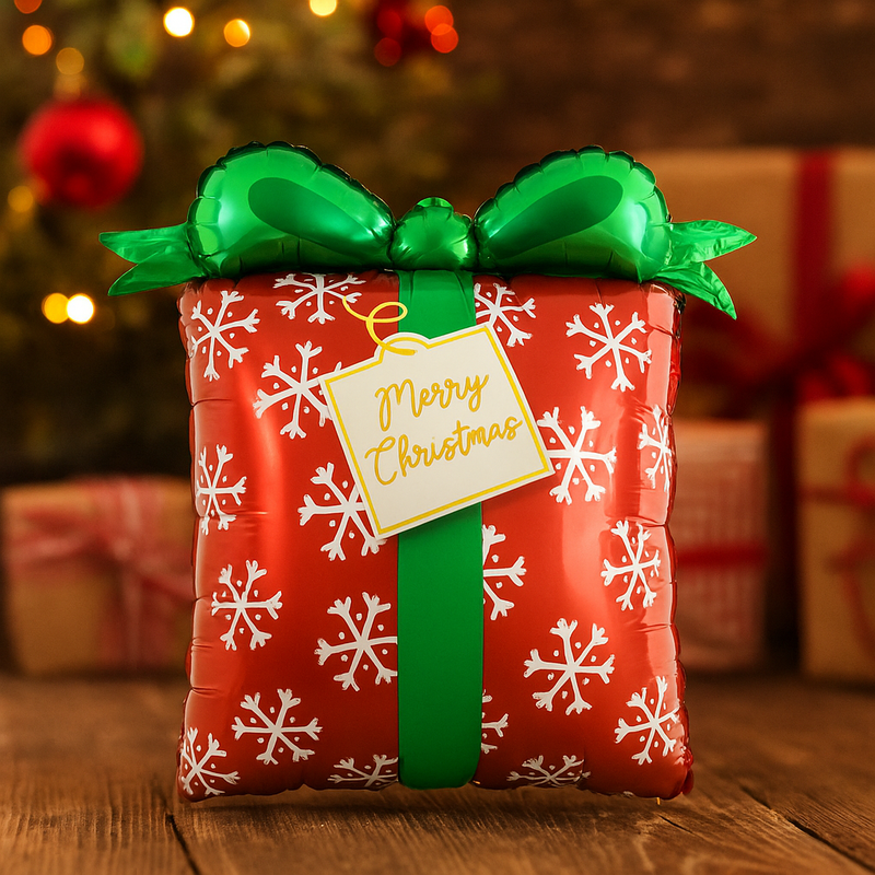 49x69cm Christmas foil balloon shaped like a gift box with bow – perfect for festive décor and party displays